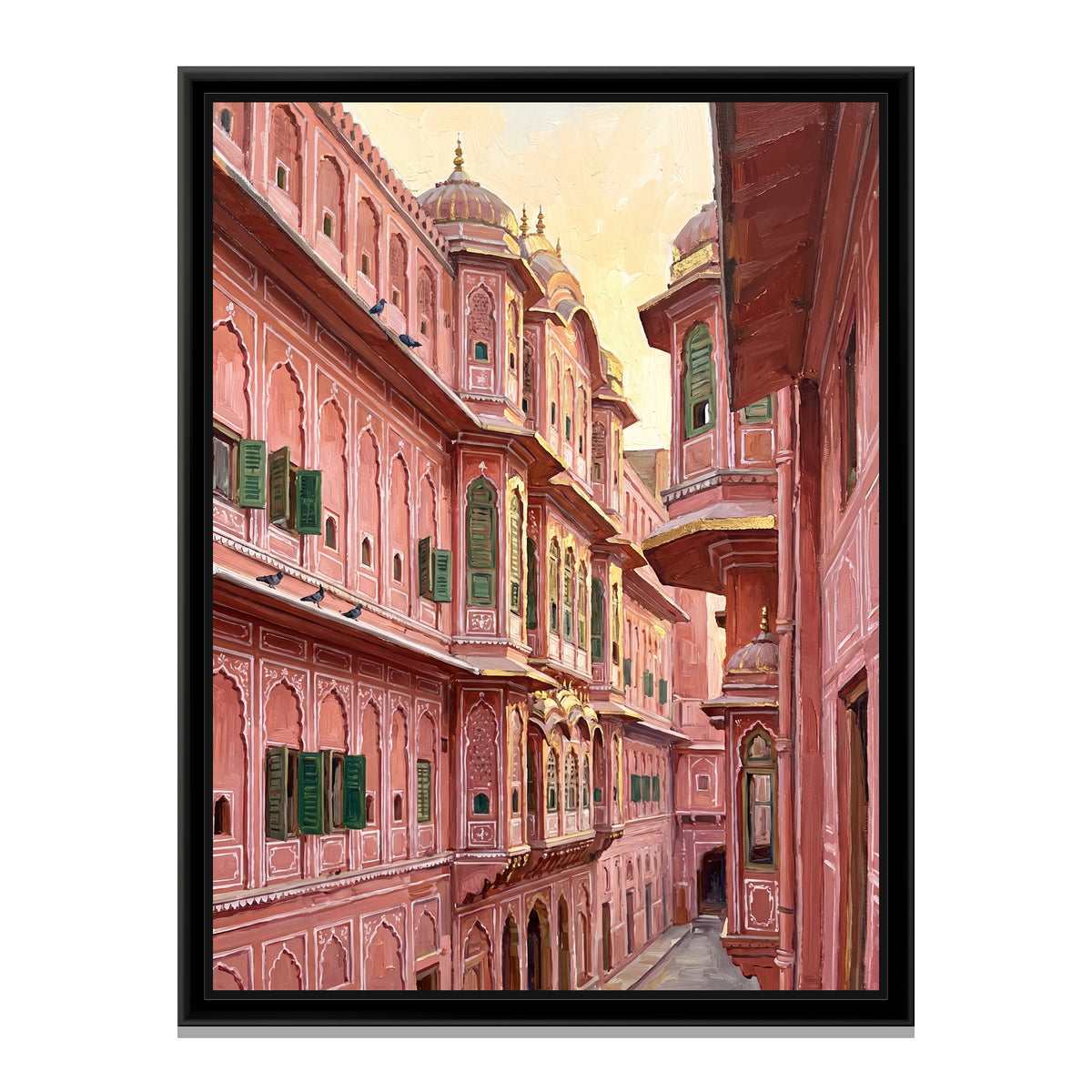 Rose Sandstone Windows of an Old Jaipur Lane, canvas print in a floater frame on a plain white background