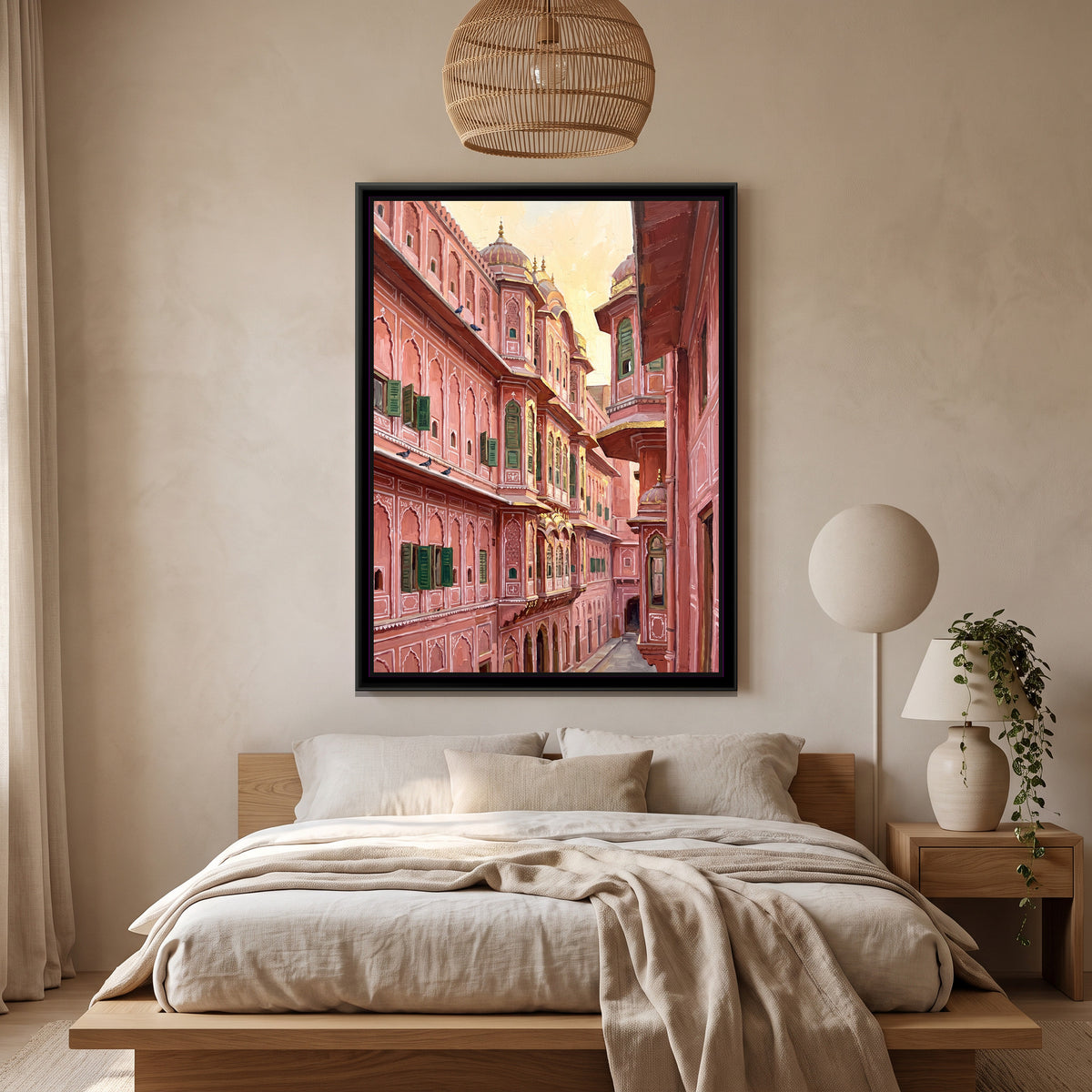 Rose Sandstone Windows of an Old Jaipur Lane, canvas print shown in a second room