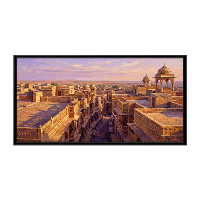 Golden Rooftops of Jaisalmer at Sunset, canvas print in a floater frame on a plain white background
