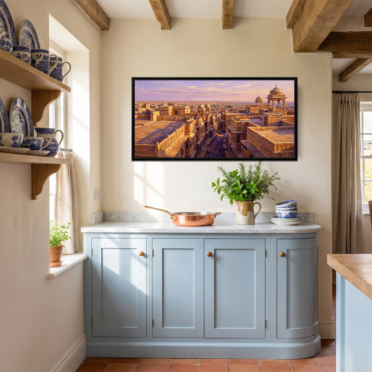 Golden Rooftops of Jaisalmer at Sunset, canvas print shown in a second room