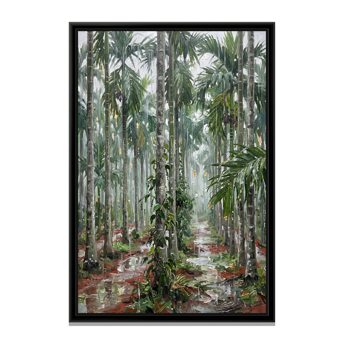 Areca Palms in the Monsoon, canvas print in a floater frame on a plain white background