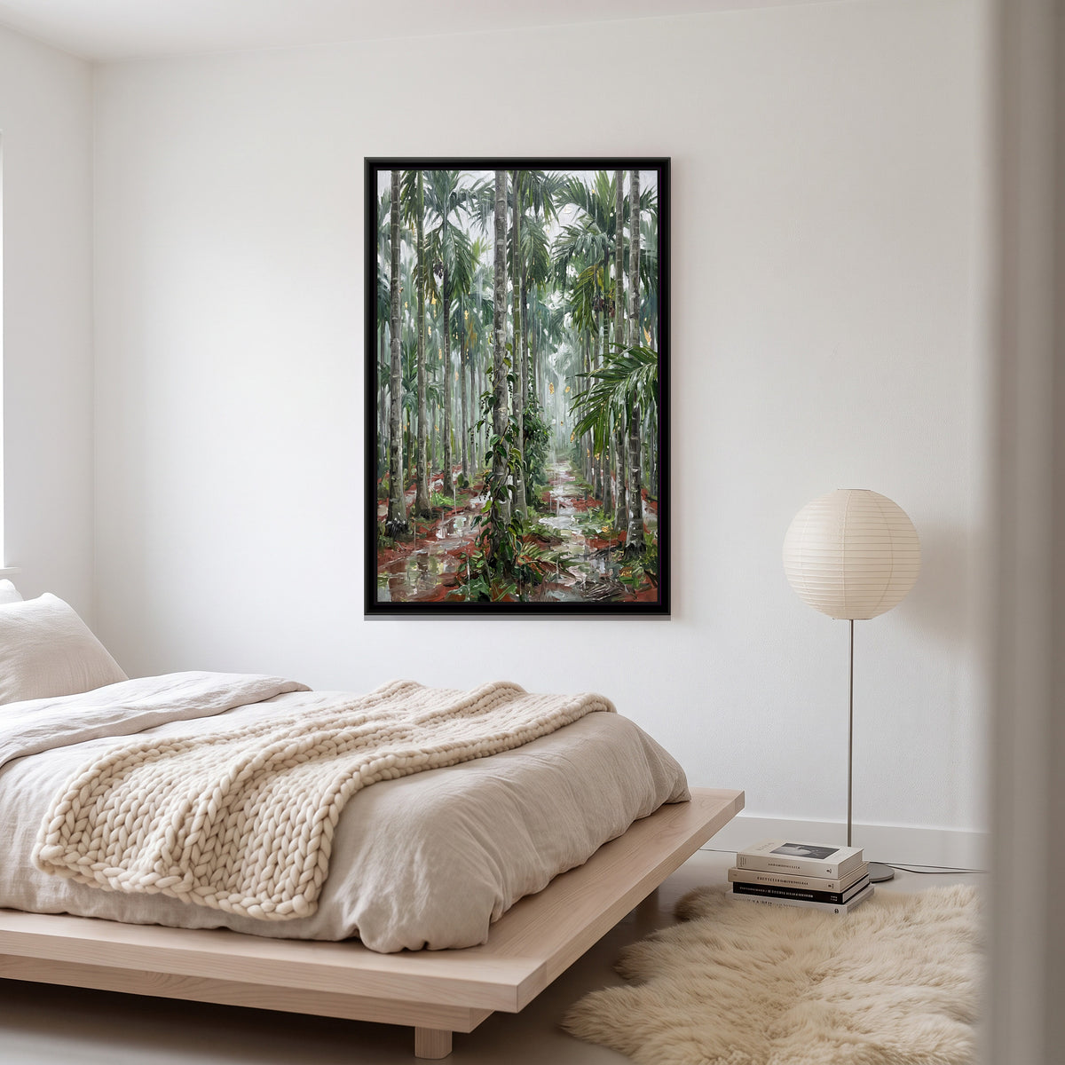 Areca Palms in the Monsoon, canvas print shown in a second room