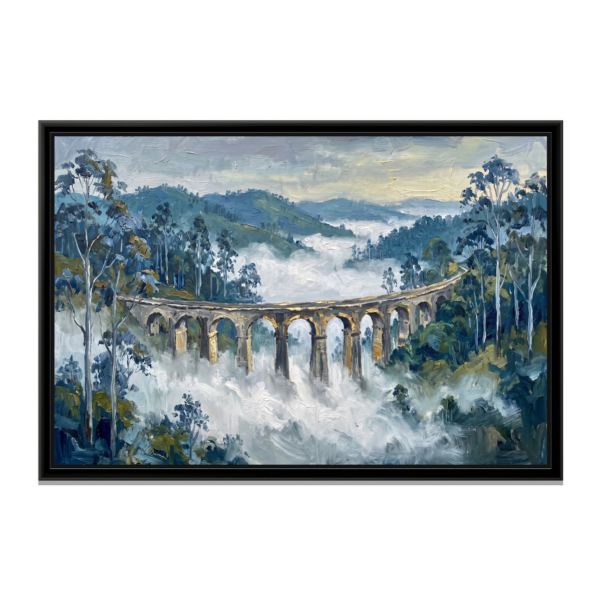 Viaduct in the Nilgiri Mist, canvas print in a floater frame on a plain white background