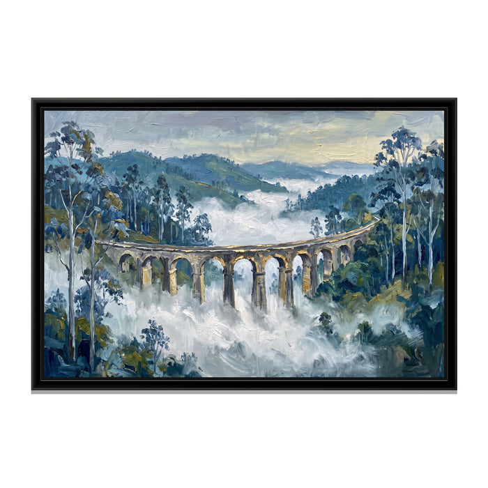 Viaduct in the Nilgiri Mist, canvas print in a floater frame on a plain white background