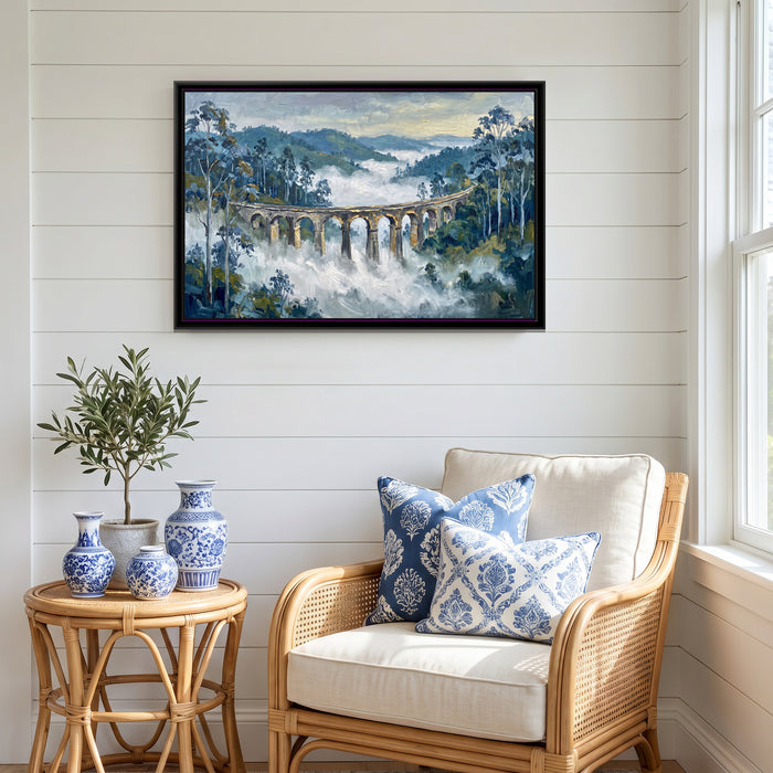 Viaduct in the Nilgiri Mist, canvas print shown in a second room