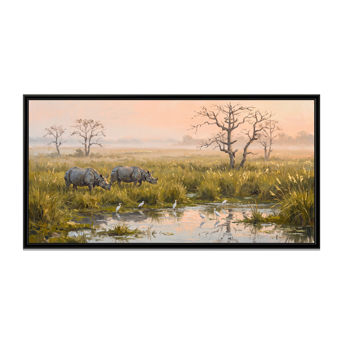 Rhinos in the Kaziranga Grass, canvas print in a floater frame on a plain white background