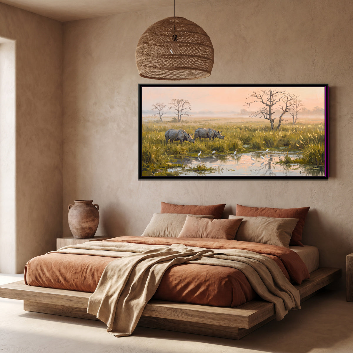 Rhinos in the Kaziranga Grass, canvas print shown in a second room