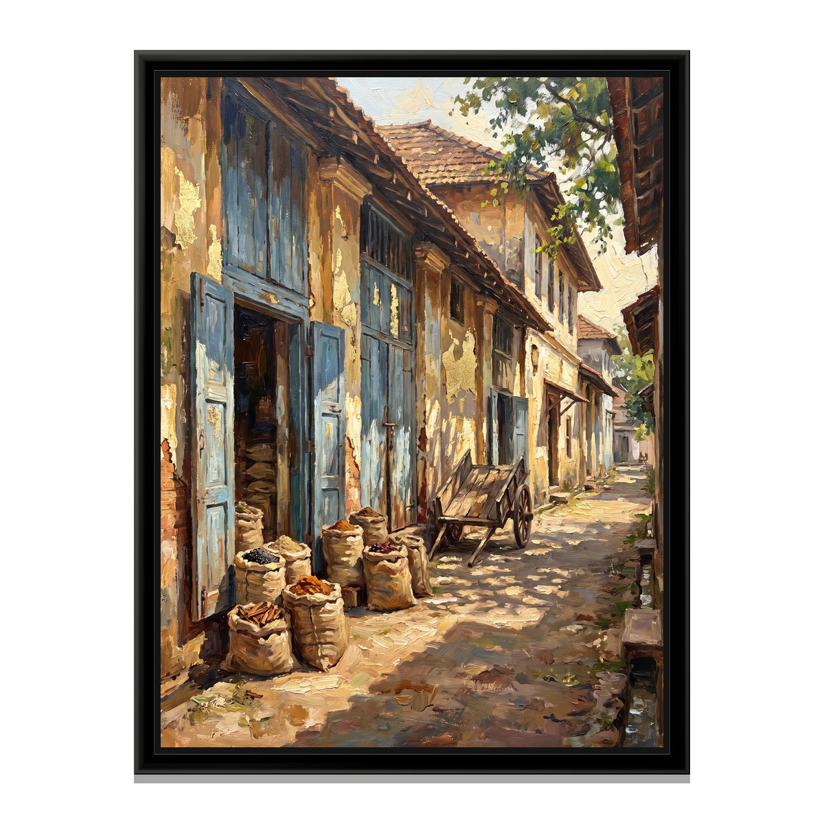 Spice Warehouses of Mattancherry, canvas print in a floater frame on a plain white background