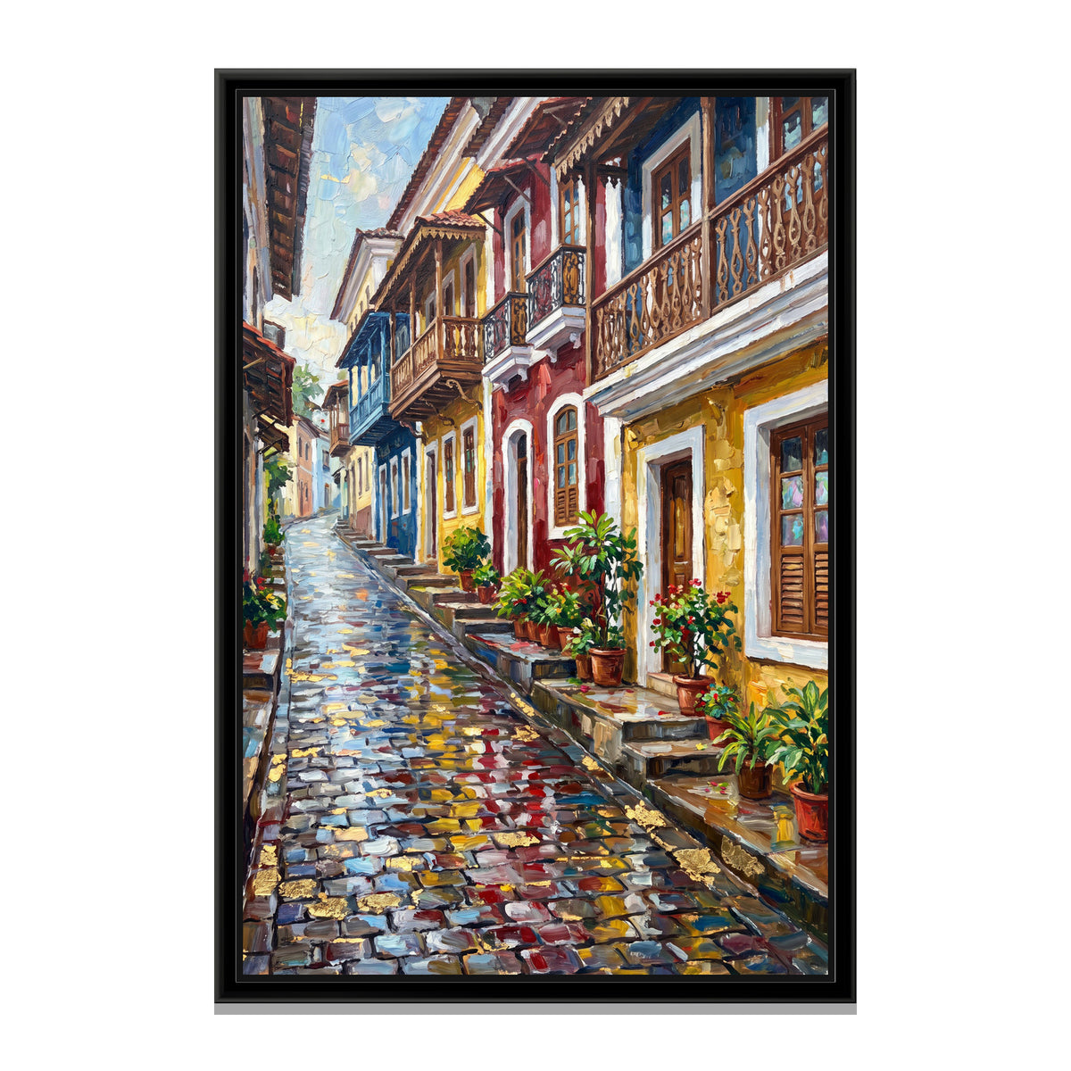 Portuguese Balconies of Fontainhas, canvas print in a floater frame on a plain white background