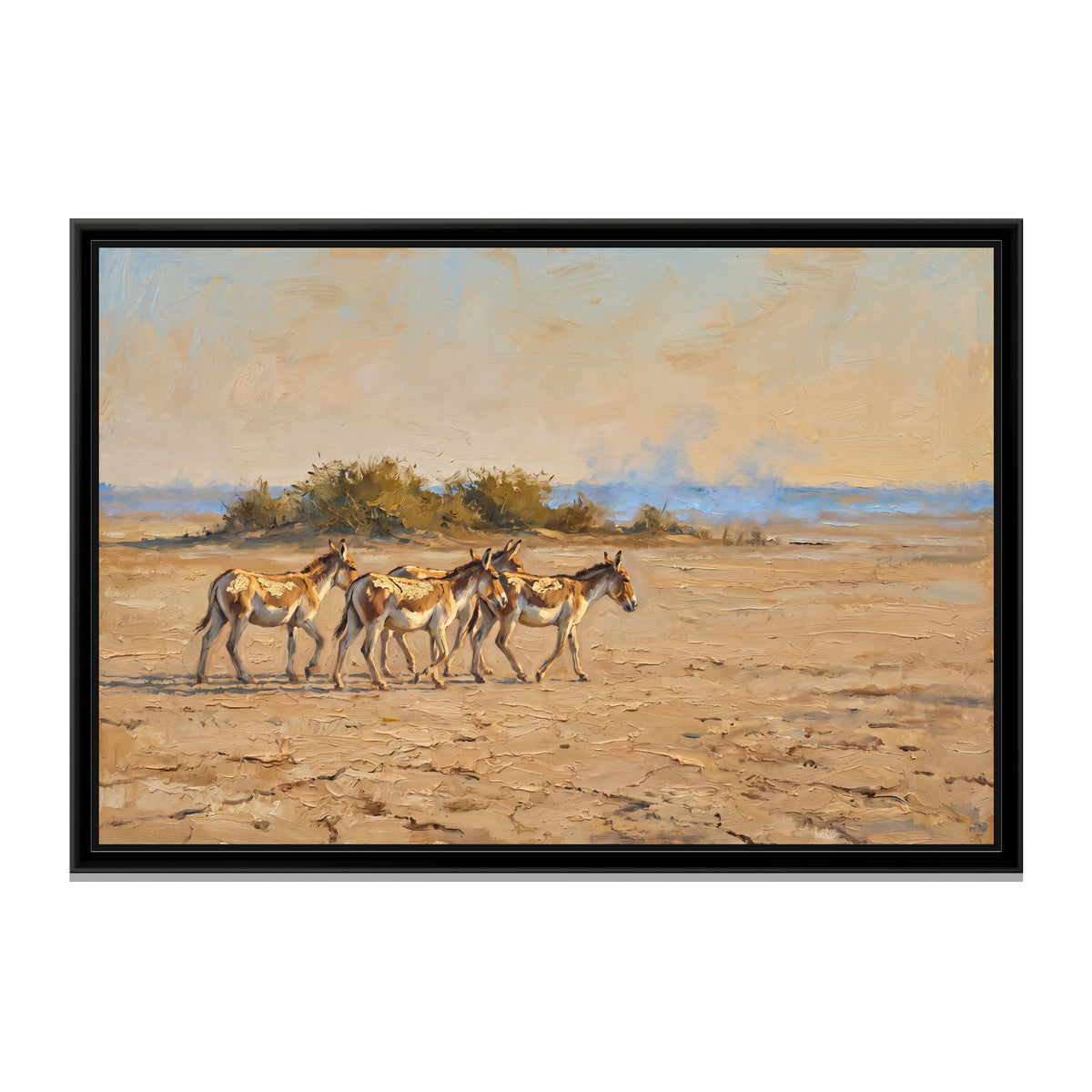 Wild Asses on the Little Rann, canvas print in a floater frame on a plain white background