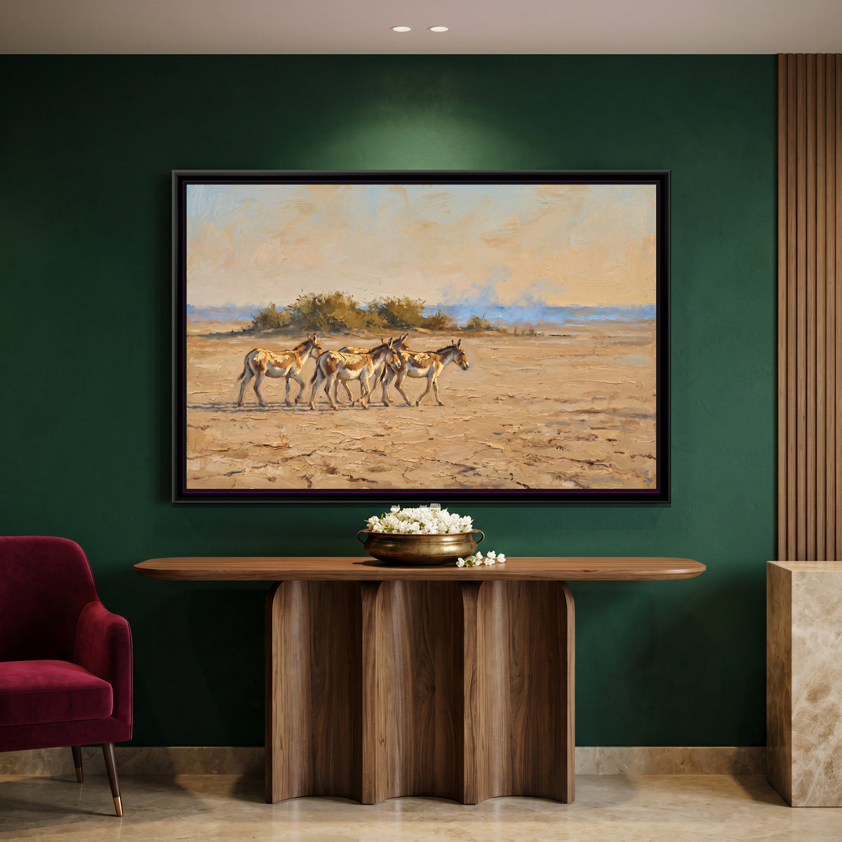 Wild Asses on the Little Rann, canvas print shown in a second room