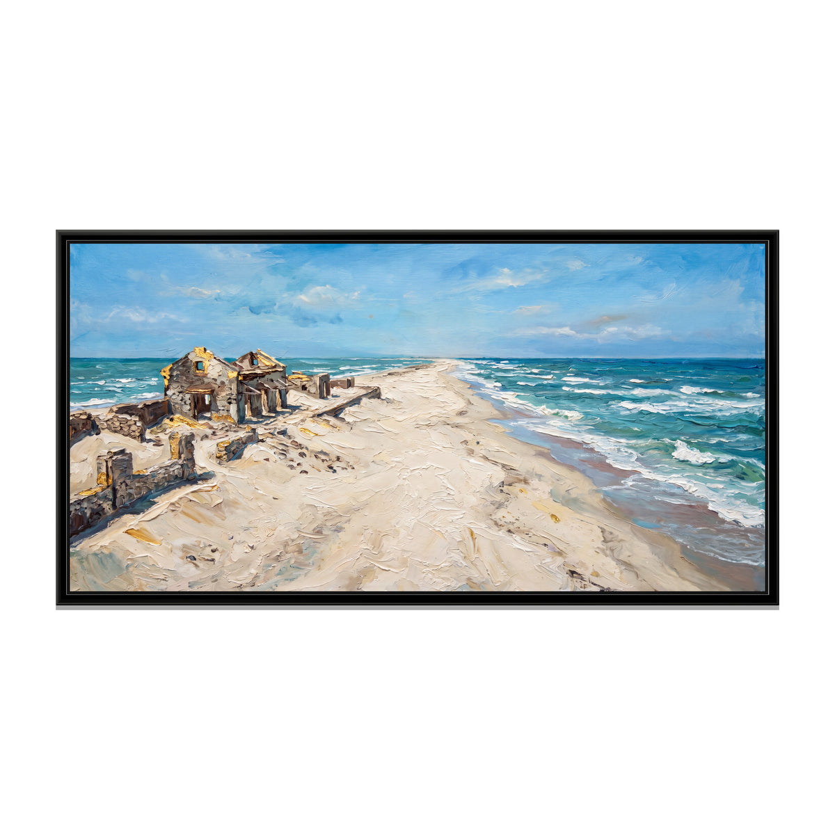 Ghost Shore at Dhanushkodi, canvas print in a floater frame on a plain white background