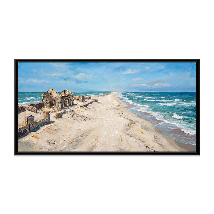 Ghost Shore at Dhanushkodi, canvas print in a floater frame on a plain white background