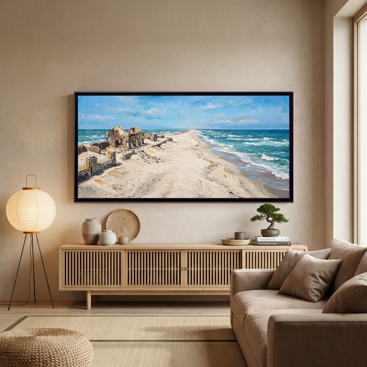 Ghost Shore at Dhanushkodi, canvas print shown in a second room