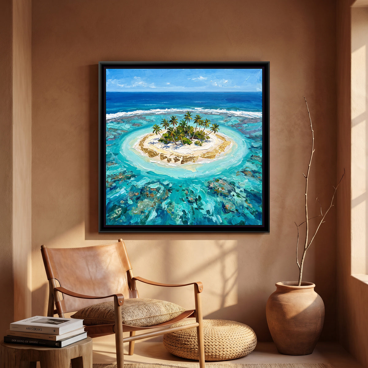 Lagoon Island in the Lakshadweep, canvas print shown in a second room