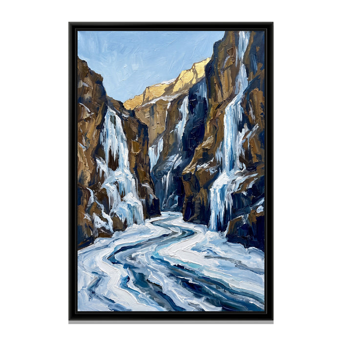 Frozen Zanskar River in Winter, canvas print in a floater frame on a plain white background
