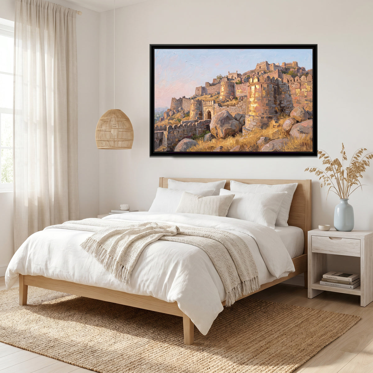 Golconda Walls at Dawn, canvas print shown in a second room