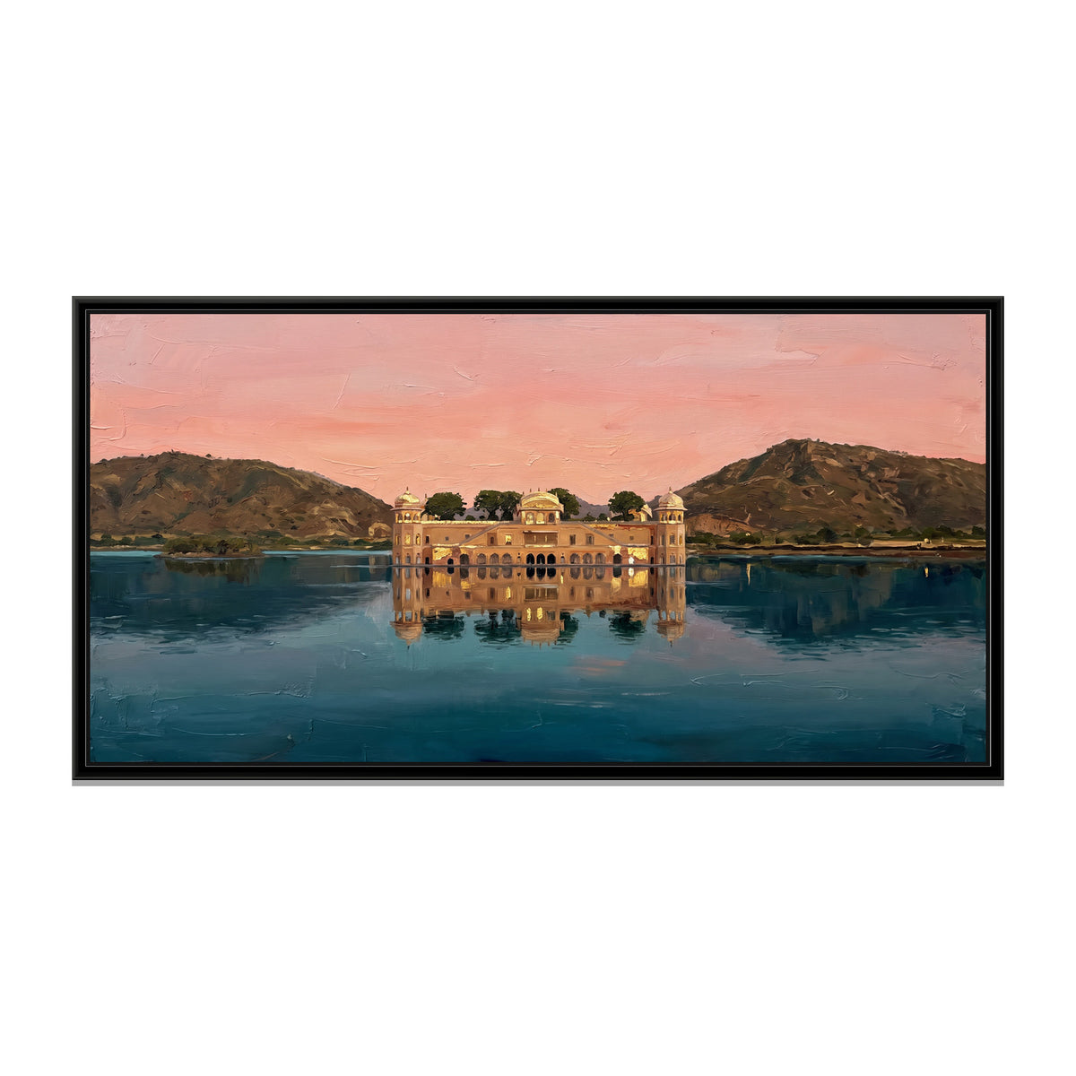 Water Palace on the Lake, canvas print in a floater frame on a plain white background