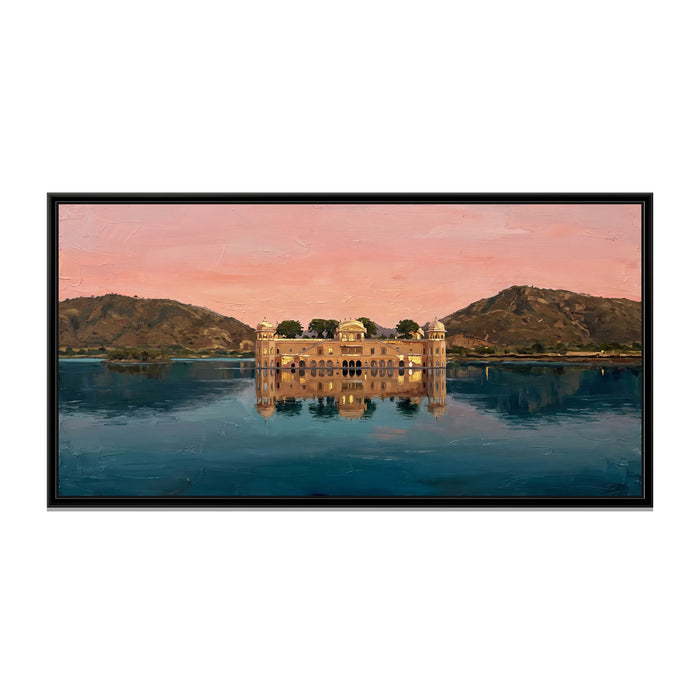 Water Palace on the Lake, canvas print in a floater frame on a plain white background