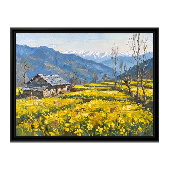 Mustard Fields below the Hills, canvas print in a floater frame on a plain white background