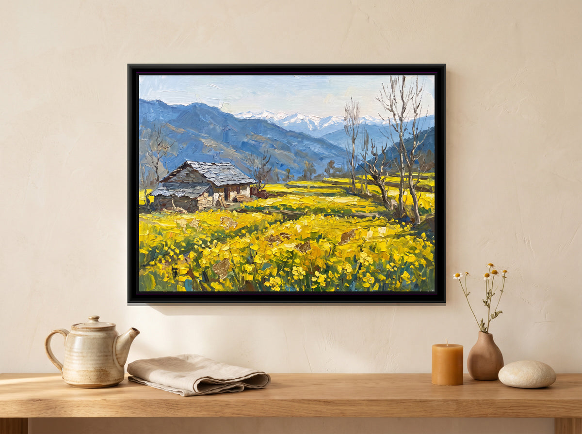 Mustard Fields below the Hills, canvas print shown in a second room