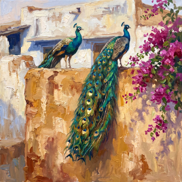 Peacocks on a Rajasthan Wall, canvas in a room