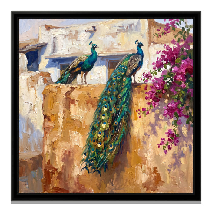 Peacocks on a Rajasthan Wall, canvas print in a floater frame on a plain white background