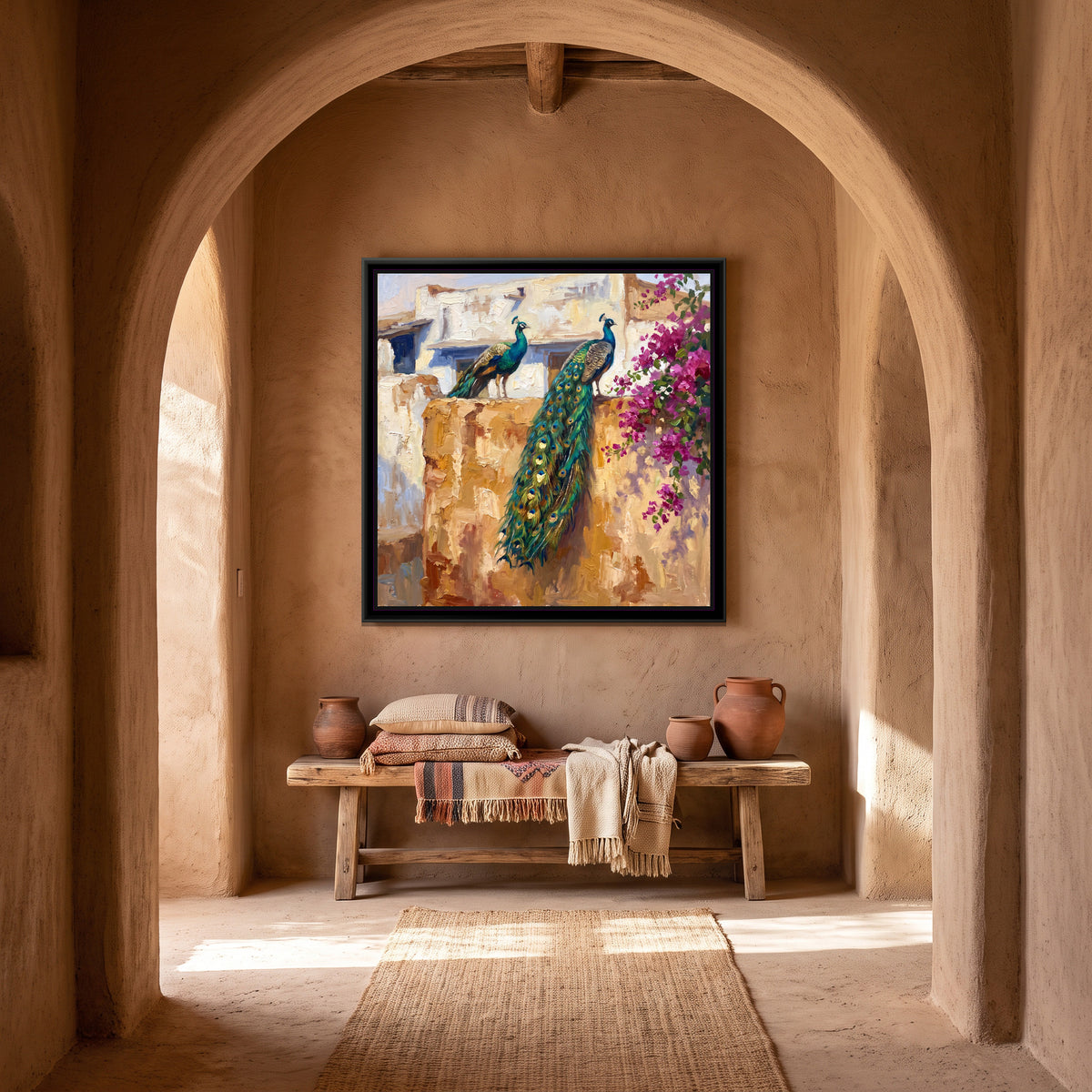 Peacocks on a Rajasthan Wall, canvas print shown in a second room