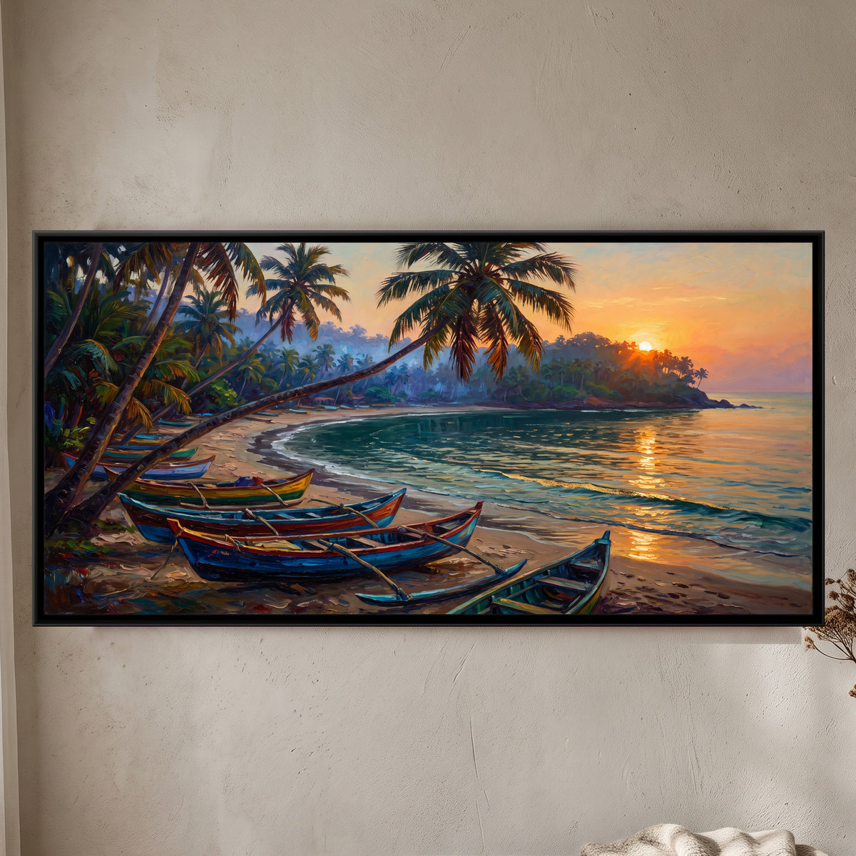 Palolem Bay at Dawn, framed canvas print on a wall