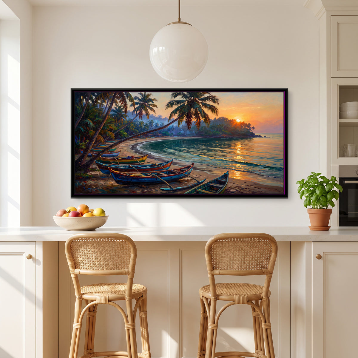 Palolem Bay at Dawn, canvas print shown in a second room