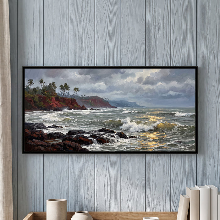 Monsoon Surf on the Rocks at Vagator, canvas in a room