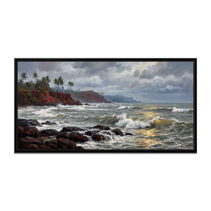 Monsoon Surf on the Rocks at Vagator, canvas print in a floater frame on a plain white background