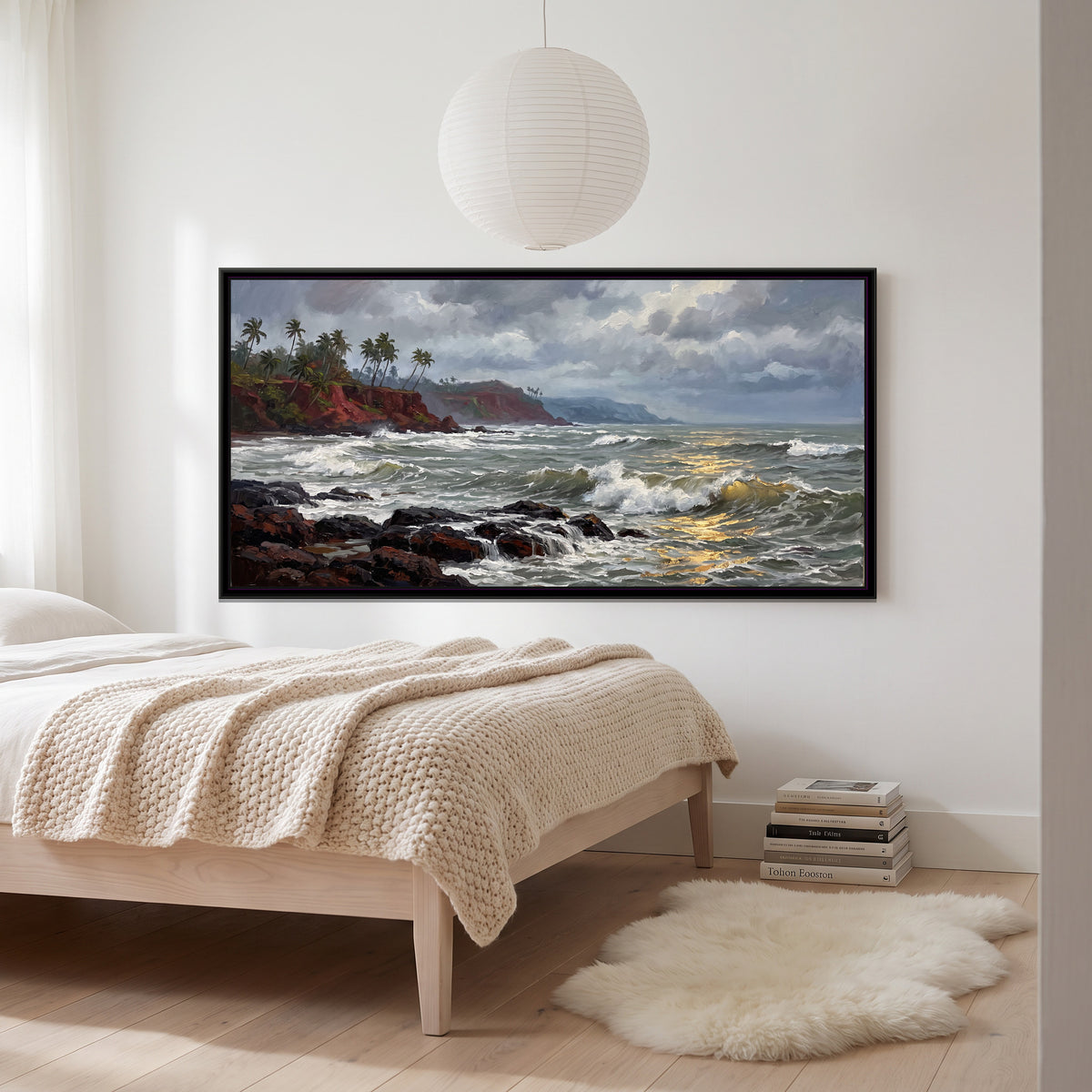 Monsoon Surf on the Rocks at Vagator, canvas print shown in a room