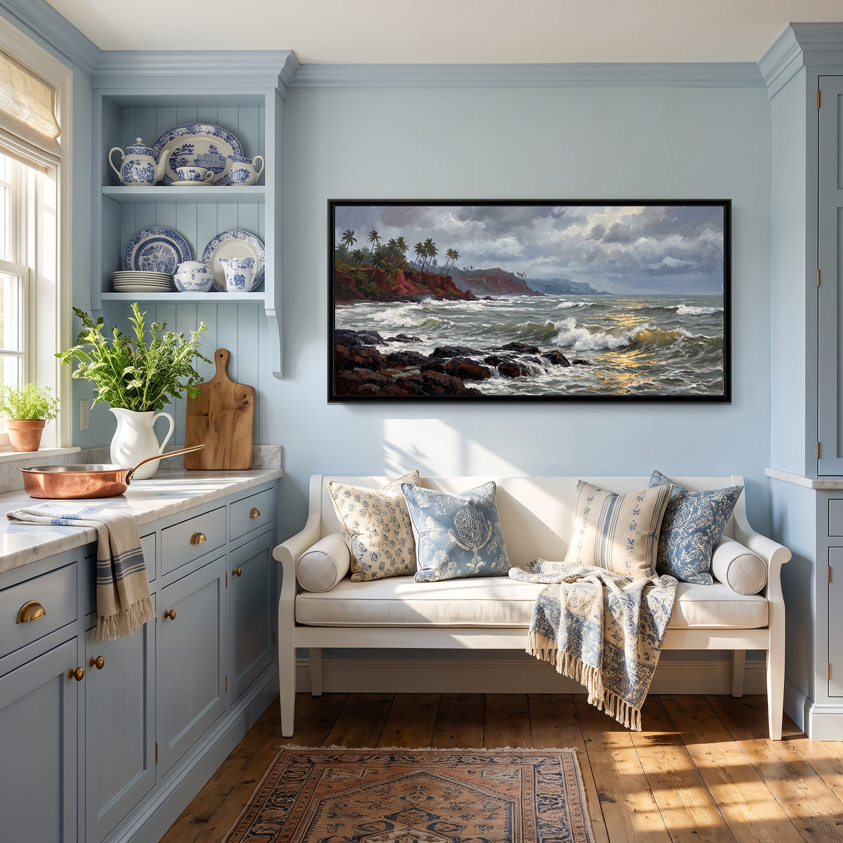 Monsoon Surf on the Rocks at Vagator, canvas print shown in a second room