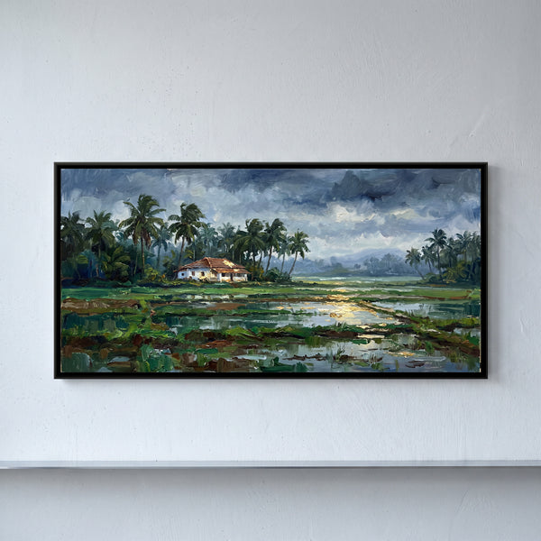 Paddy Fields and Palms in the Goa Monsoon, canvas in a room