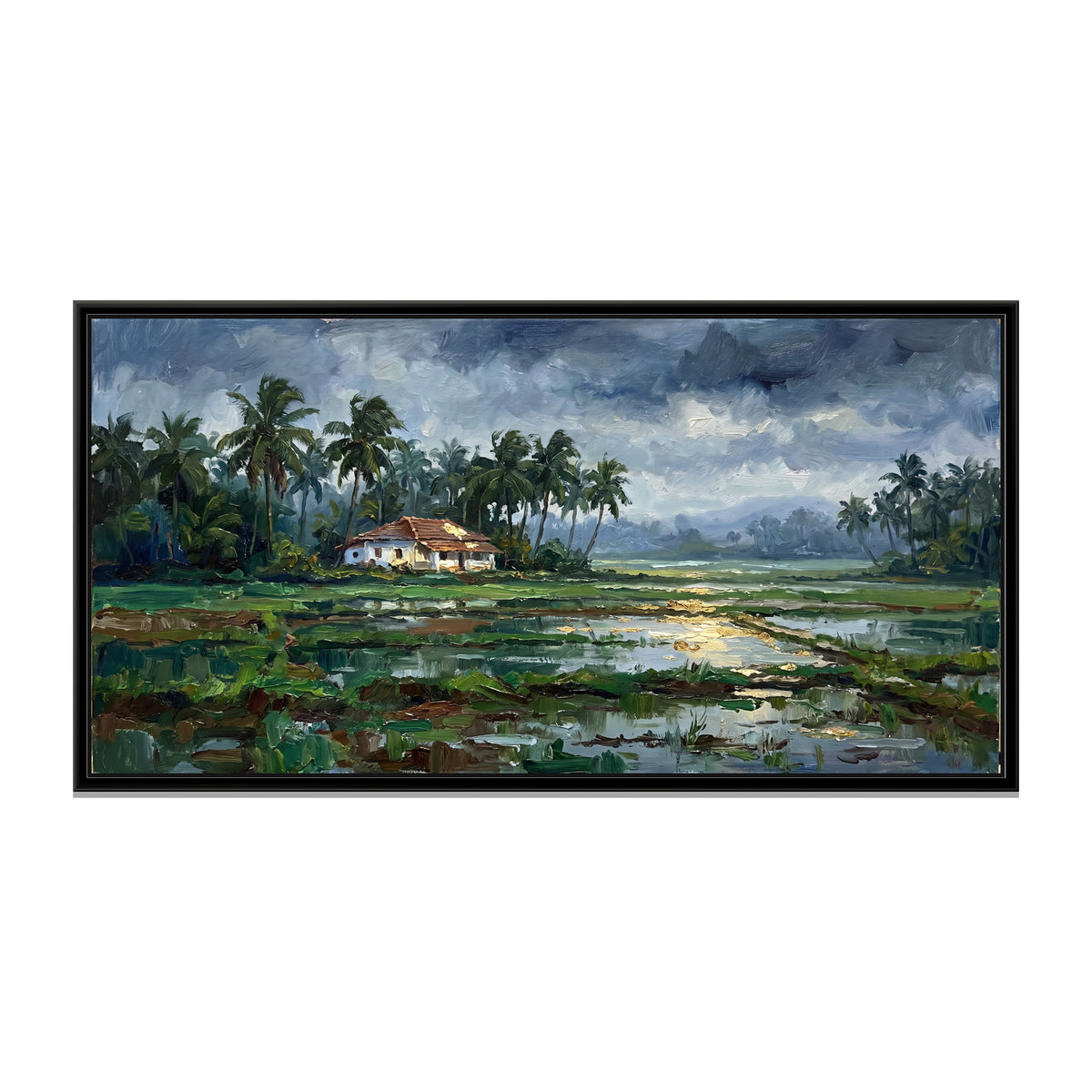 Paddy Fields and Palms in the Goa Monsoon, canvas print in a floater frame on a plain white background