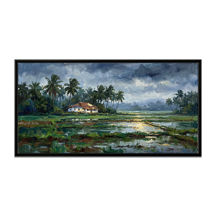 Paddy Fields and Palms in the Goa Monsoon, canvas print in a floater frame on a plain white background