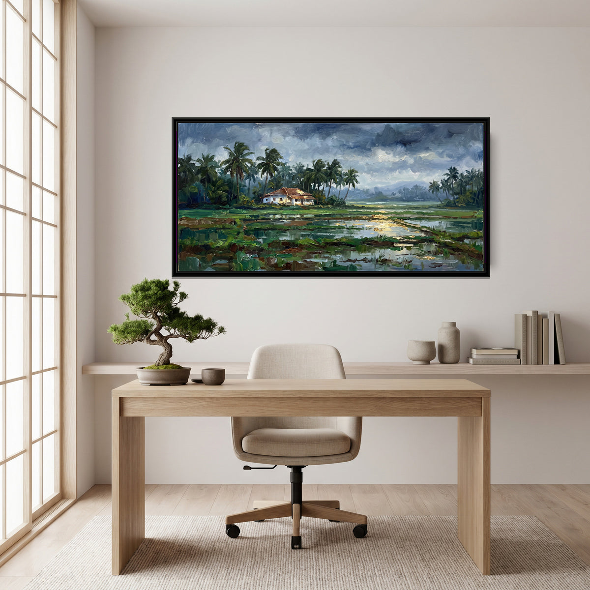 Paddy Fields and Palms in the Goa Monsoon, canvas print shown in a room