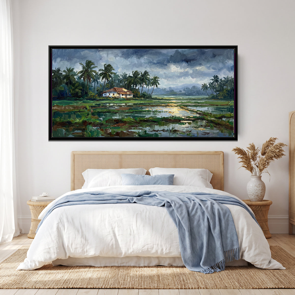 Paddy Fields and Palms in the Goa Monsoon, canvas print shown in a second room