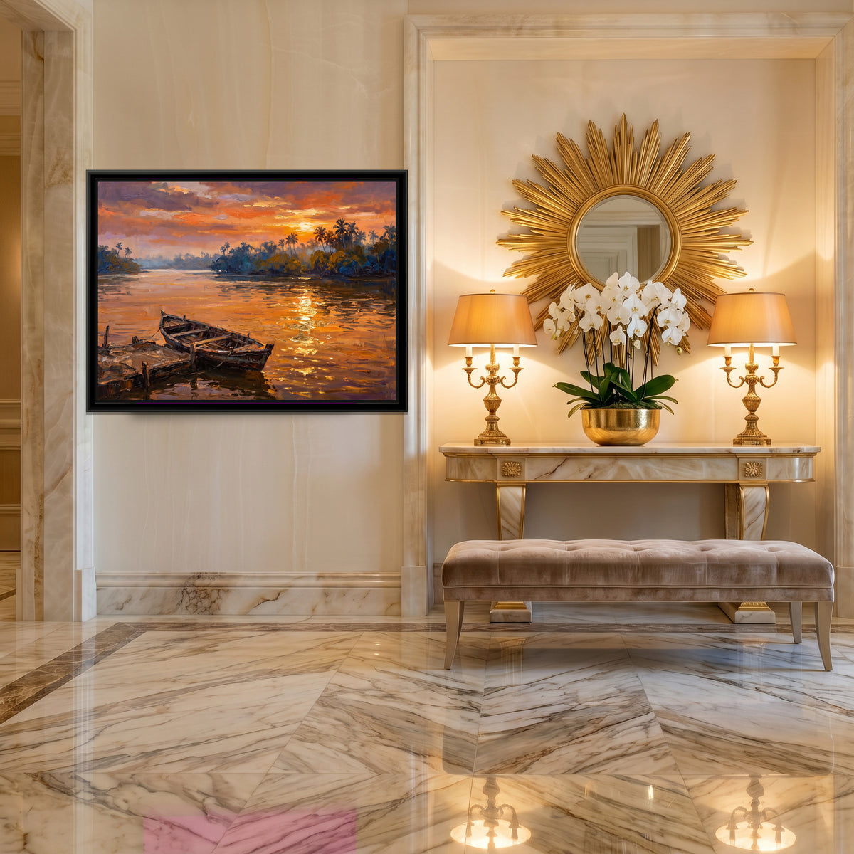 Mandovi River at Sunset, canvas print shown in a second room