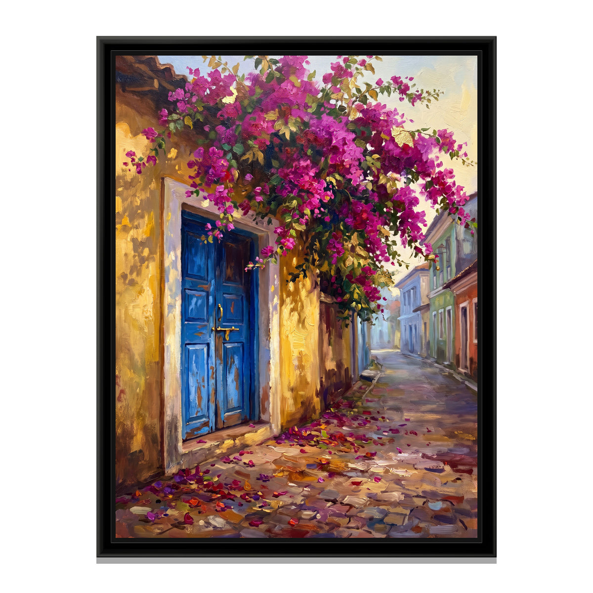 Blue Door and Bougainvillea in Fontainhas, canvas print in a floater frame on a plain white background