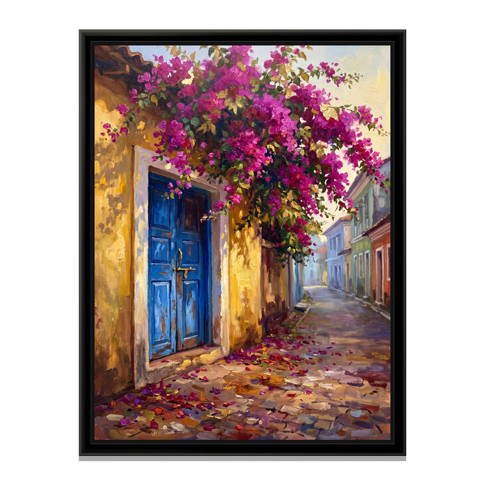 Blue Door and Bougainvillea in Fontainhas, canvas print in a floater frame on a plain white background