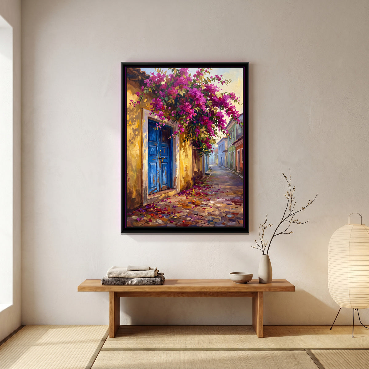 Blue Door and Bougainvillea in Fontainhas, canvas print shown in a room