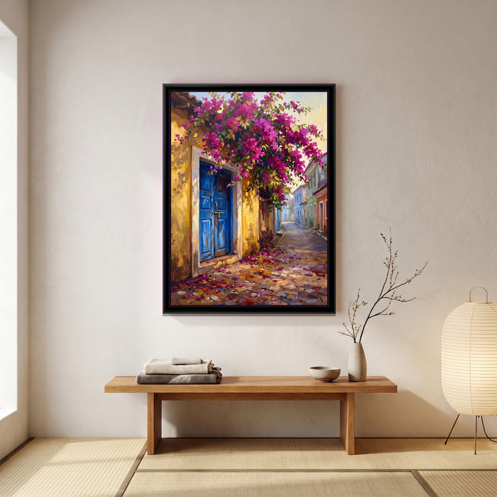 Blue Door and Bougainvillea in Fontainhas, canvas print shown in a room