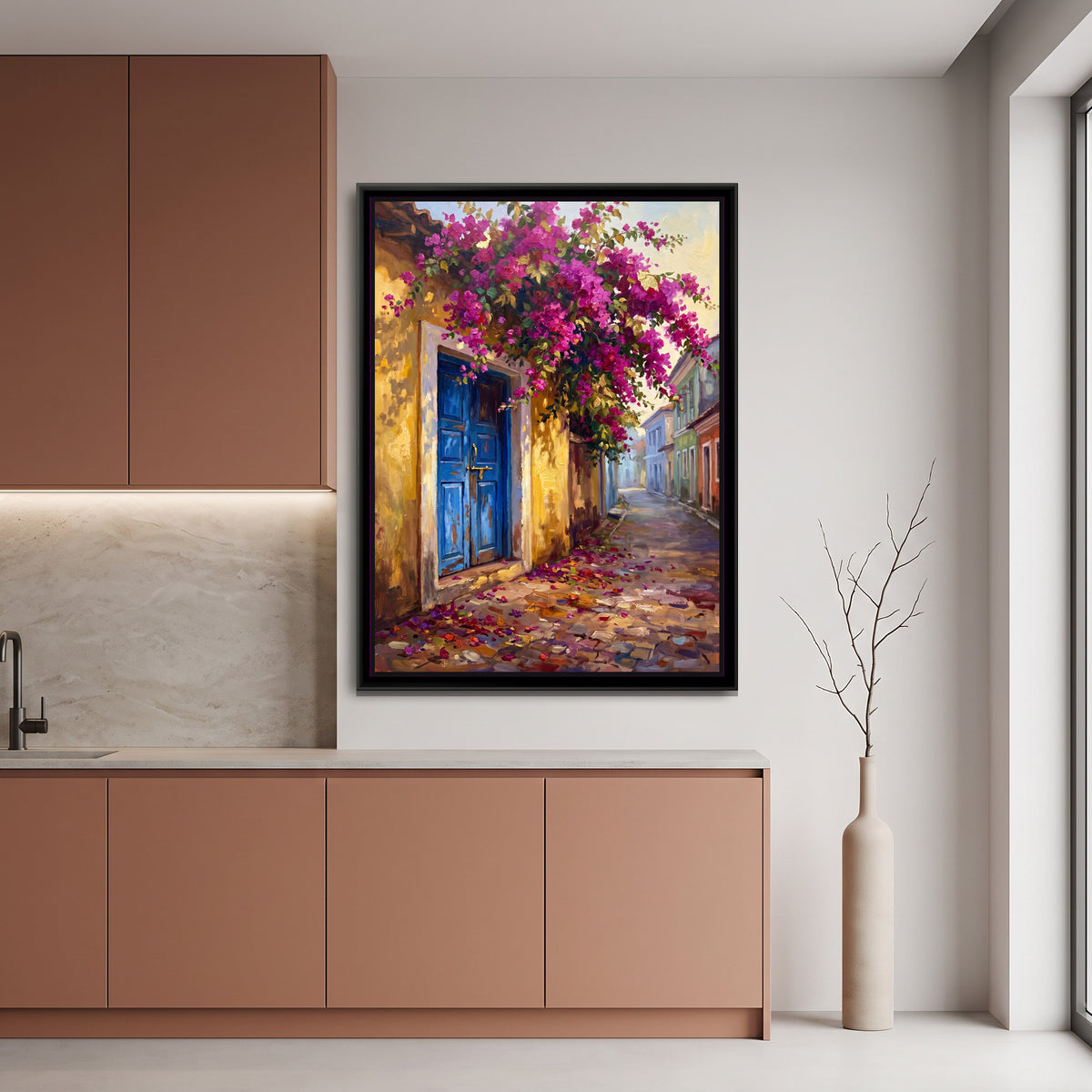 Blue Door and Bougainvillea in Fontainhas, canvas print shown in a second room