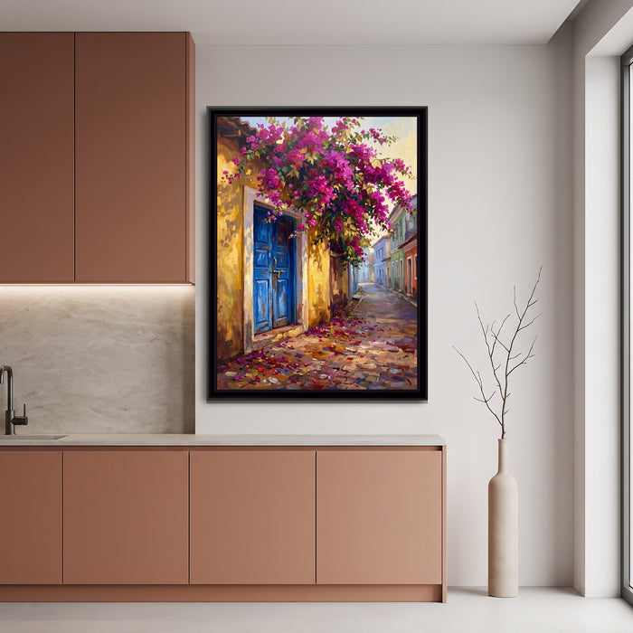 Blue Door and Bougainvillea in Fontainhas, canvas print shown in a second room