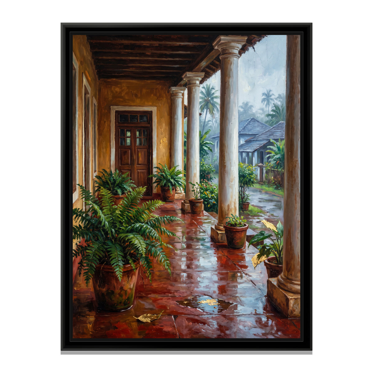 Ochre Balcao after the Rain, canvas print in a floater frame on a plain white background