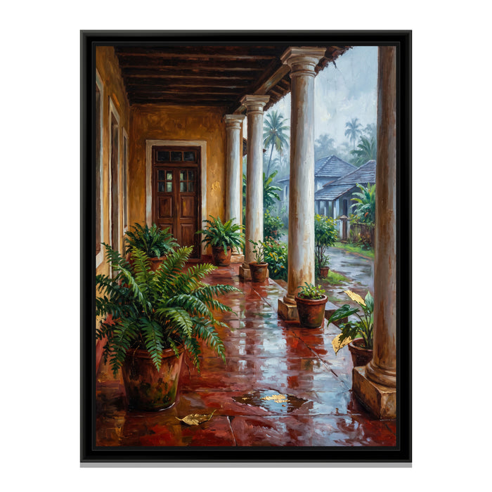 Ochre Balcao after the Rain, canvas print in a floater frame on a plain white background