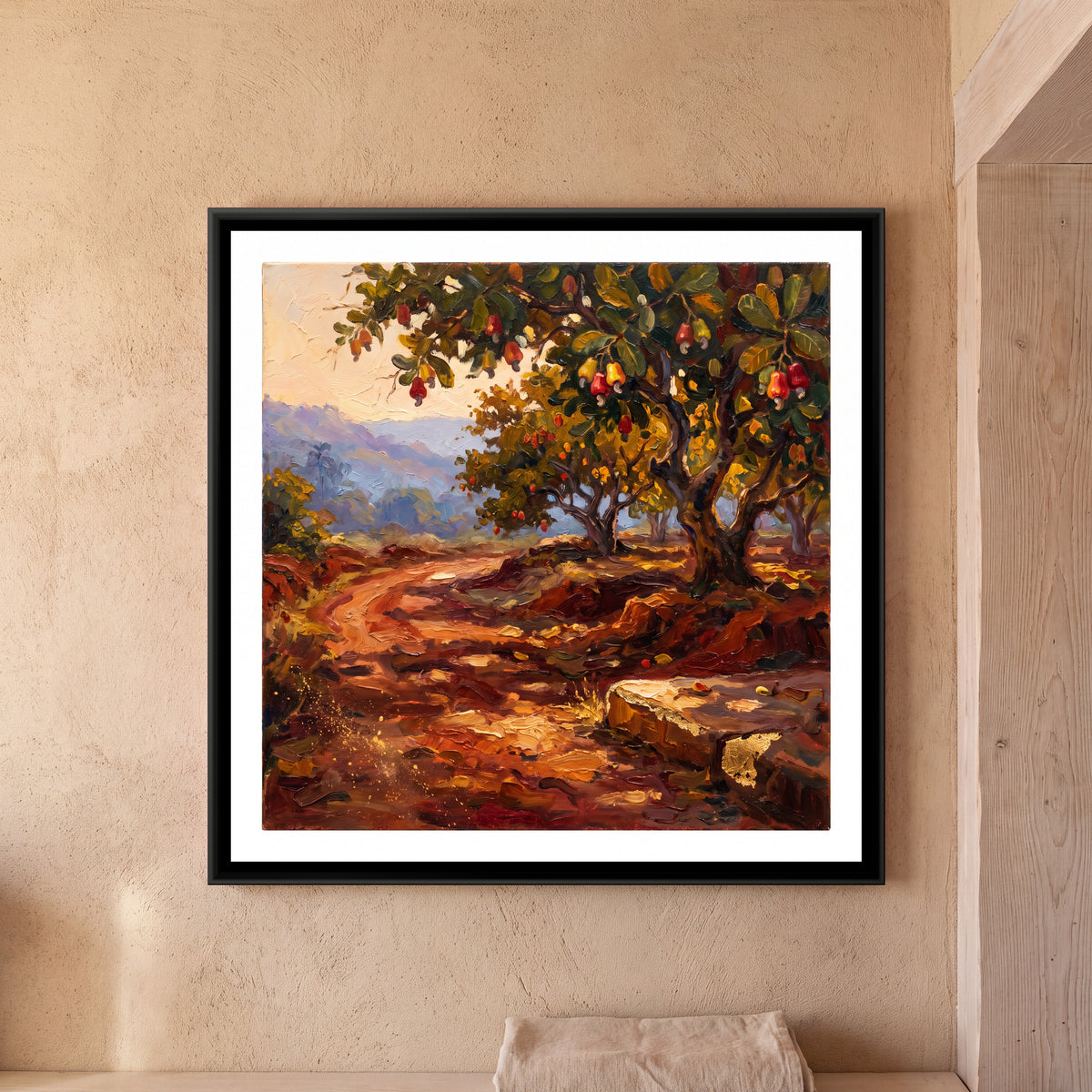 Red Laterite Lane under Cashew Trees, framed canvas print on a wall