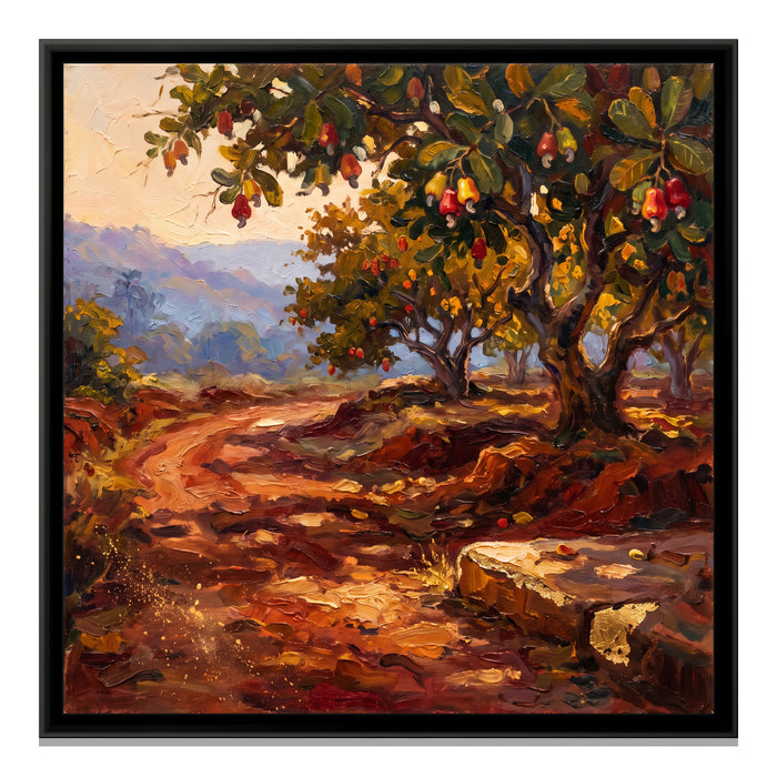 Red Laterite Lane under Cashew Trees, canvas print in a floater frame on a plain white background